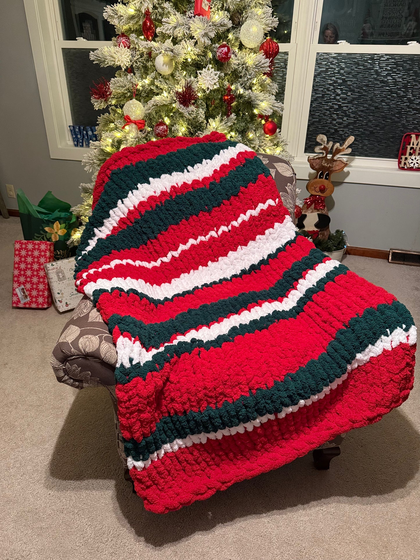 Handmade Chunky Red, White and Pine Green Striped Throw Blanket