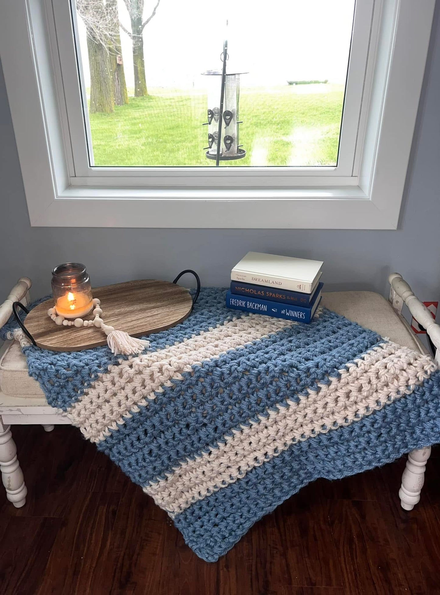 Handmade Double Stitch Finger Knitted Country Blue and Cream Baby/Toddler Throw Blanket