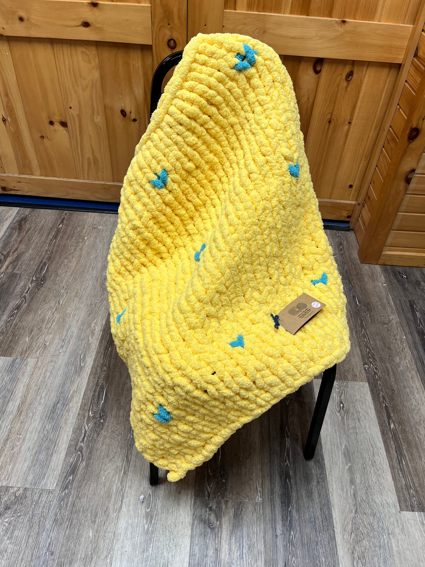 Handmade Chunky Chenille Yellow with Aqua Hearts Baby/Toddler Blanket