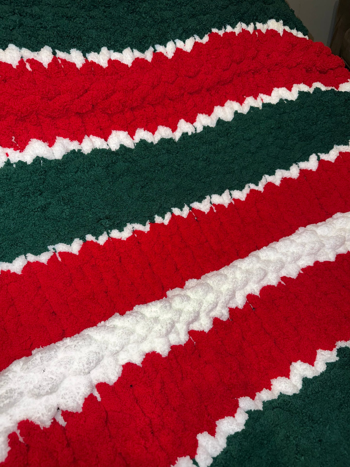 Handmade Chunky Red, White and Pine Green Striped Throw Blanket