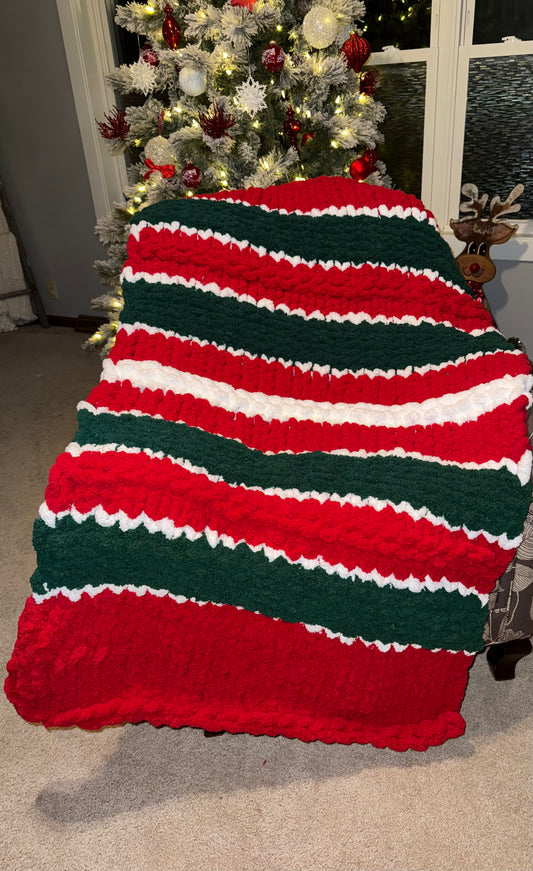 Handmade Chunky Red, White and Pine Green Striped Throw Blanket