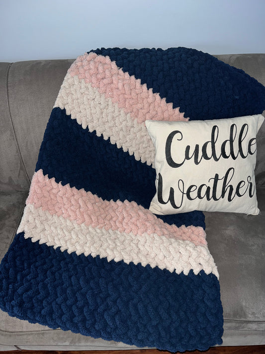 Handmade Chunky Chenille Navy, Beige and Sparkle Pink Chevron Lap Throw Blanket