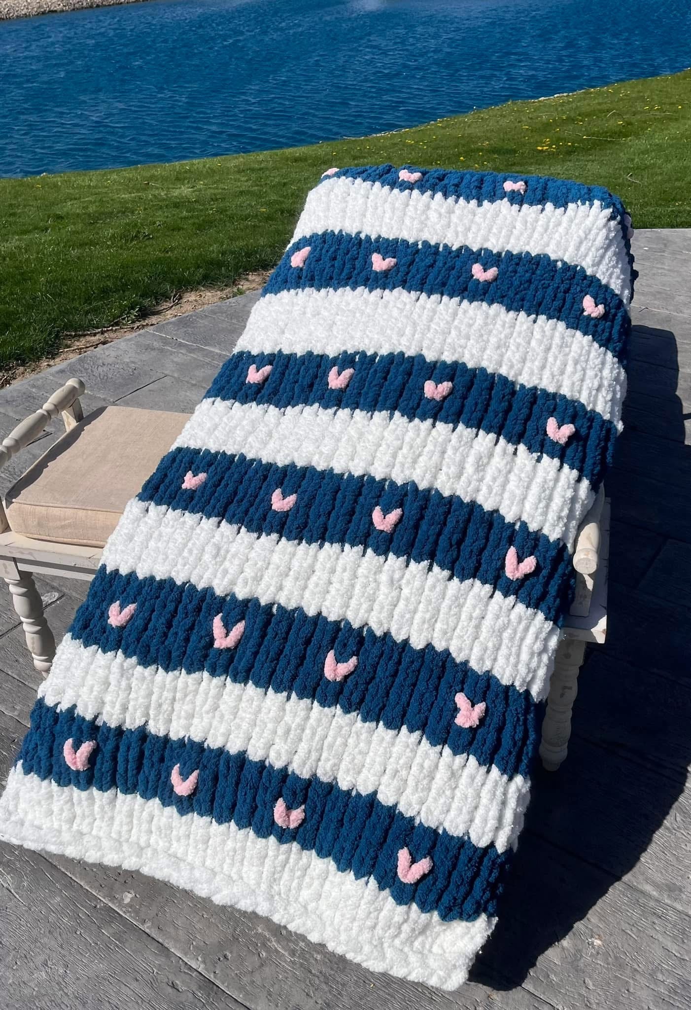Handmade Chunky Chenille Turquoise and Sparkle White with Pink Hearts Full Throw Blanket