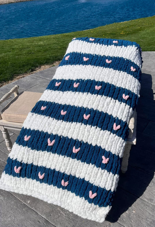Handmade Chunky Chenille Turquoise and Sparkle White with Pink Hearts Full Throw Blanket