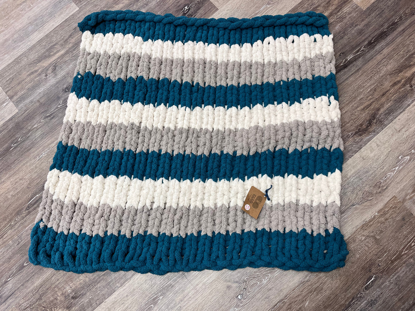 Handmade Chunky Chenille Turquoise, Light Gray and Ivory Striped Baby/Toddler Blanket