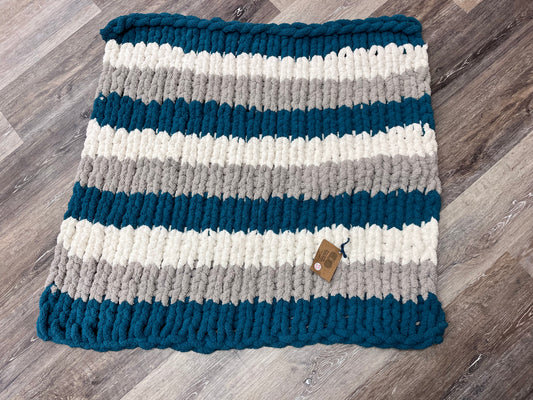 Handmade Chunky Chenille Turquoise, Light Gray and Ivory Striped Baby/Toddler Blanket
