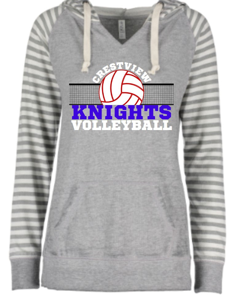 Crestview "Crestview Knights Volleyball and Net" Ladies Garment Washed Striped Chalk Fleece Pullover Hood