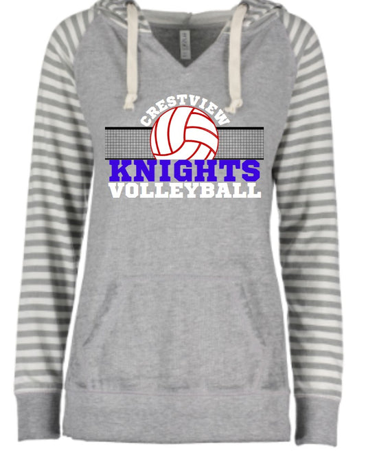 Crestview "Crestview Knights Volleyball and Net" Ladies Garment Washed Striped Chalk Fleece Pullover Hood