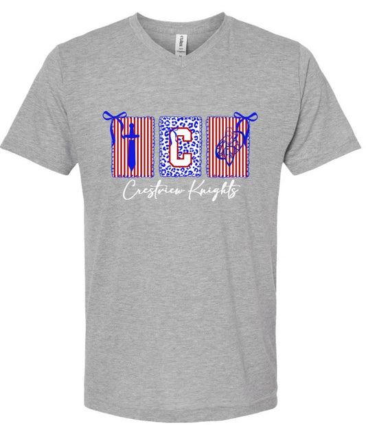"Crestview Knights 3 Patch" V-Neck Tee