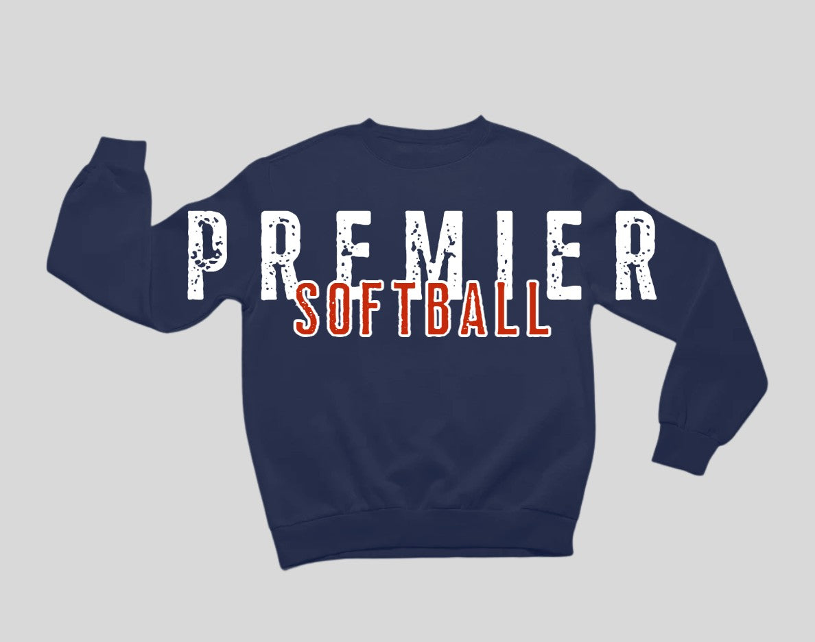 GIANT "Premier Softball" Print with large back Crewneck (Email me at createwithsara@outlook.com with your order number and what name and number for back)
