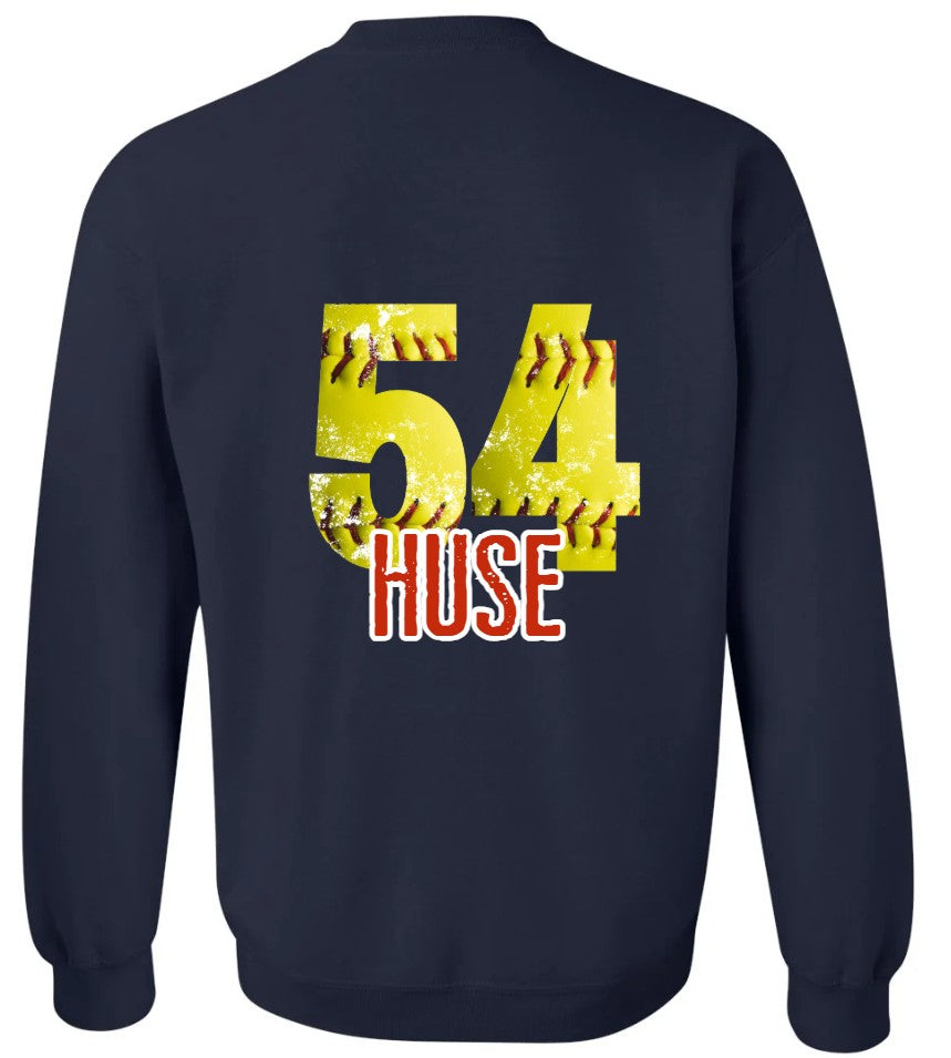 GIANT "Premier Softball" Print with large back Crewneck (Email me at createwithsara@outlook.com with your order number and what name and number for back)